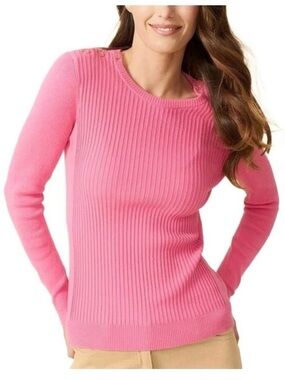 J.McLaughlin Women's Pink Ribbed Long Sleeve Crewneck Button-Shoulder Sweater L